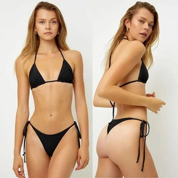 Frankies Sky Ribbed String Women's Triangle Bikini Top Black Size: Small NWOT - Picture 5 of 5